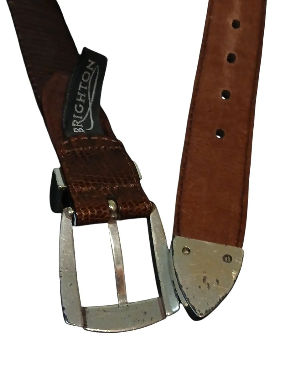Brighton -Men's Brown Leather Belt, Geometric Pattern Bohemian Type Buckle 40 in